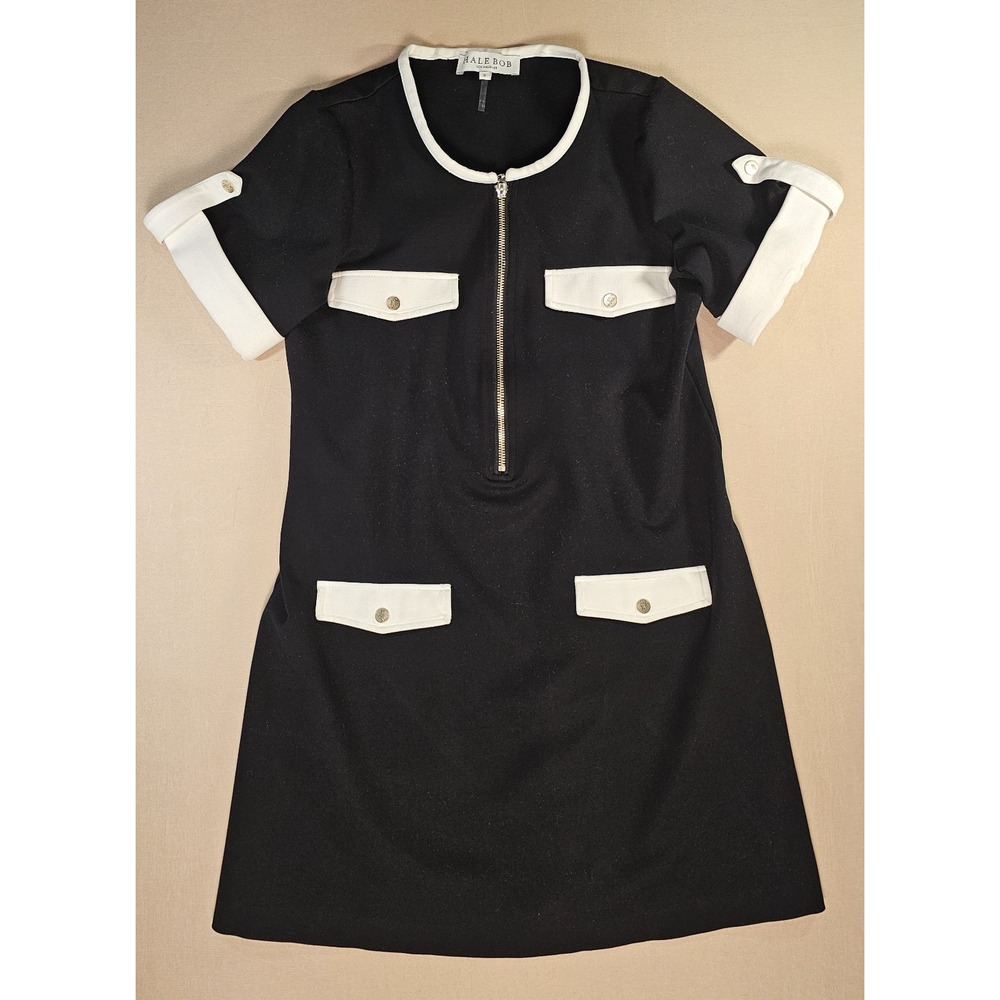 Hale Bob Black White Mini Dress S Y2K Mod Zip Front Preppy